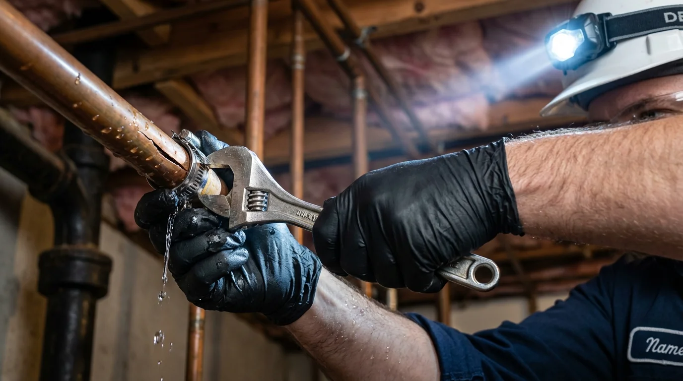 Emergency pipe clamp repair being performed by a Johns Plumbing LLC plumber in Amory