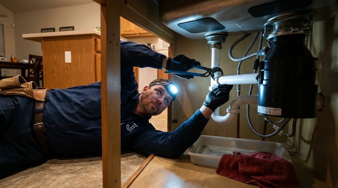 P-trap and supply line connections under a kitchen sink showing a common leak point in Amory, MS